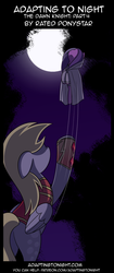Size: 850x2020 | Tagged: safe, artist:terminuslucis, derpy hooves, earth pony, pegasus, pony, comic:adapting to night, comic:adapting to night: the dawn knight, g4, cloak, cloaked, clothes, comic, cult, cultist, dawn knight, epic derpy, female, forest, hoof shoes, hooves, knockout, mare, moon, purple coat, purple fur, purple hair, purple mane, tree, uppercut, yeet