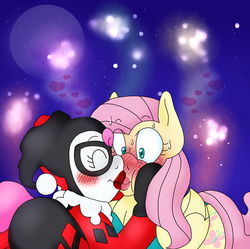 Size: 1688x1680 | Tagged: safe, artist:blackbewhite2k7, fluttershy, pinkie pie, earth pony, pegasus, pony, g4, blushing, christmas, cleavage, cosplay, costume, crossover, dc comics, embarrassed, eyes closed, female, fireworks, harley quinn, heart, kiss on the lips, kissing, lesbian, lipstick, pink lipstick, pinkie quinn, poison ivy, poison ivyshy, red lipstick, ship:flutterpie, shipping, surprise kiss