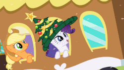 Size: 800x450 | Tagged: safe, screencap, applejack, rarity, pony, g4, hearth's warming eve (episode), animated, christmas tree, female, giant hat, hat, hearth's warming eve, train, tree