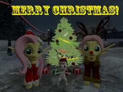 Size: 800x600 | Tagged: safe, angel bunny, fluttershy, deer, reindeer, g4, 3d, bedroom eyes, butterscotch, christmas, christmas ponies, christmas tree, eyebrows, female, gmod, happy holidays, hat, holiday, male, merry christmas, rule 63, santa hat, self ponidox, selfcest, ship:flutterscotch, shipping, straight, tree