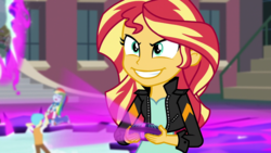 Size: 1280x720 | Tagged: safe, edit, screencap, bright idea, rainbow dash, sunset shimmer, equestria girls, g4, my little pony equestria girls: friendship games, background human, evil grin, inverted mouth, magic capture device, smiling, story included, sunedge shimmer, teeth