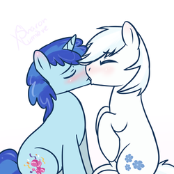 Size: 1024x1024 | Tagged: safe, artist:sugguk, double diamond, party favor, earth pony, pony, unicorn, g4, blushing, cute, double dawwmond, duo, favorbetes, gay, kiss on the lips, kissing, male, ship:partydiamond, shipping, stallion