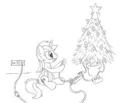 Size: 1600x1300 | Tagged: safe, artist:datspaniard, electric sky, g4, background pony, christmas tree, diaper, monochrome, non-baby in diaper, poofy diaper, solo, tree