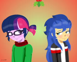 Size: 949x768 | Tagged: dead source, safe, artist:a-r-i-a-1997, flash sentry, sci-twi, twilight sparkle, equestria girls, g4, duo, dusk shine, female, flare warden, glasses, holly, holly mistaken for mistletoe, male, rule 63, sci-dusk, ship:duskflare, ship:flashlight, shipping, straight