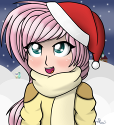 Size: 1000x1095 | Tagged: safe, artist:spirit-dude, fluttershy, human, g4, female, hat, house, humanized, looking up, night, open mouth, santa hat, snow, solo, stars, winter