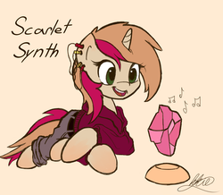 Size: 3339x2905 | Tagged: safe, artist:ink-dash, oc, oc only, oc:scarlet synth, pony, unicorn, clothes, commission, crystal, green eyes, high res, music, music notes, open mouth, piercing, prone, smiling, solo, wires