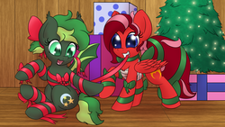 Size: 1280x720 | Tagged: safe, artist:k-kopp, oc, oc only, oc:adena emberheart, oc:jaded nights, bondage, christmas, christmas lights, christmas tree, cutie mark, female, filly, gift wrapped, hearth's warming eve, present, ribbon, tree