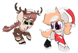 Size: 947x646 | Tagged: safe, artist:elppa, oc, oc only, oc:amber heartcake, oc:ink drop, antlers, christmas, clothes, female, filly, hearth's warming eve, santa costume, simple background, snow, sweater, transparent background, winter, winter outfit