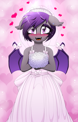 Size: 1282x2000 | Tagged: safe, artist:replica, oc, oc only, oc:nolegs, bat pony, anthro, abstract background, beautiful, blushing, bouquet, bow, bride, clothes, crying, cute, daaaaaaaaaaaw, diabetes, dress, ear fluff, ear piercing, earring, explicit source, fangs, featured image, female, floppy ears, flower, heart, jewelry, looking at you, ocbetes, piercing, ribbon, signature, solo, sweet dreams fuel, tears of joy, teary eyes, this will end in marriage, tons of hearts, waifu, weapons-grade cute, wedding dress, wedding veil, wing bows