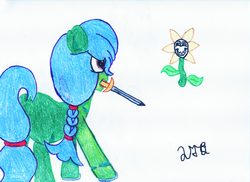 Size: 3510x2550 | Tagged: safe, artist:2tailedderpy, oc, oc:senshi, colored pencil drawing, crayon, crossover, evil, evil smile, flower, high res, horseshoes, long mane, marker drawing, markers, simple background, sword, traditional art, undertale, weapon, white background