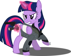 Size: 2135x1663 | Tagged: safe, artist:camo-pony, twilight sparkle, alicorn, pony, g4, alan wake, clothes, crossover, female, flashlight (object), gun, magic, mare, revolver, simple background, solo, telekinesis, transparent background, twilight sparkle (alicorn), weapon