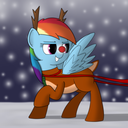 Size: 4000x4000 | Tagged: safe, artist:ashtoneer, rainbow dash, pegasus, pony, g4, absurd resolution, clothes, cosplay, costume, female, reindeer dash, rudolph dash, rudolph the red nosed reindeer, sleigh, smiling, snow, snowfall, solo
