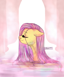 Size: 1024x1232 | Tagged: safe, artist:fork-tyan, fluttershy, pegasus, pony, g4, bathing, bust, eyes closed, female, floppy ears, profile, solo, stray strand, wet mane