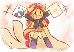 Size: 1209x860 | Tagged: safe, artist:howxu, part of a set, princess celestia, princess luna, sunset shimmer, equestria girls, g4, boots, chibi, clothes, cutie mark, howxu's handling, in goliath's palm, jacket, leather jacket, micro, skirt
