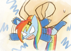Size: 1209x860 | Tagged: safe, artist:howxu, part of a set, rainbow dash, equestria girls, g4, angry, chibi, hand, howxu's handling, in goliath's palm, micro, suspended, tomboy