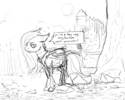 Size: 1280x1024 | Tagged: safe, artist:celestiawept, oc, oc only, bat pony, pony, castle, monochrome, moon, sketch, solo