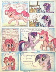 Size: 792x1009 | Tagged: safe, artist:thefriendlyelephant, applejack, fluttershy, pinkie pie, rainbow dash, rarity, twilight sparkle, alicorn, earth pony, pony, comic:friends of all sizes, g4, :<, :o, :t, boop, comic, cute, dialogue, dust, excited, eye contact, eyes closed, female, happy, looking at each other, mane six, mare, open mouth, raised hoof, running, scrunchy face, smiling, speech bubble, talking, traditional art, twilight sparkle (alicorn)