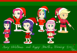 Size: 1500x1024 | Tagged: safe, artist:infinityr319, applejack, fluttershy, pinkie pie, rainbow dash, rarity, twilight sparkle, human, g4, christmas, humanized, mane six