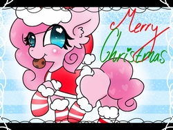 Size: 1024x768 | Tagged: safe, artist:twinkiepie19, pinkie pie, g4, clothes, coat, cookie, cute, female, food, hat, looking at you, santa hat, socks, solo, striped socks