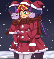 Size: 800x876 | Tagged: safe, artist:caibaoreturn, sci-twi, sunset shimmer, twilight sparkle, equestria girls, friendship games, christmas, clothes, counterparts, duality, female, glasses, lesbian, magical trio, ot3, polyamory, santa costume, scitwishimmer, shipping, sunset twiangle, sunsetsparkle, twilight's counterparts, twolight