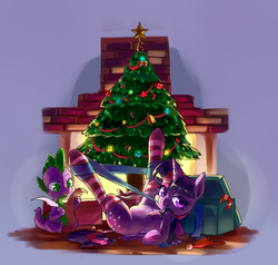 Size: 1000x950 | Tagged: safe, artist:luciferamon, spike, twilight sparkle, alicorn, pony, g4, belly, box, candy, candy cane, christmas, christmas tree, clothes, female, fireplace, food, hat, list, mare, present, quill, ribbon, socks, spread legs, spreading, striped socks, tree, twilight sparkle (alicorn)