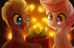 Size: 5100x3300 | Tagged: safe, artist:starshinebeast, oc, oc only, oc:elondras, oc:intrepid charm, pegasus, pony, unicorn, absurd resolution, christmas, christmas tree, commission, cute, eyes on the prize, grin, hearth's warming, hoof hold, male, open mouth, present, smiling, squee, tree, unshorn fetlocks