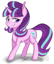 Size: 956x1134 | Tagged: safe, artist:jovalic, starlight glimmer, pony, unicorn, g4, colored pupils, female, looking at you, mare, raised eyebrow, s5 starlight, signature, simple background, smiling, smirk, solo, transparent background