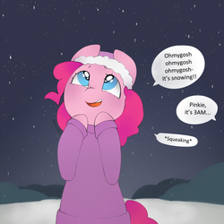 Size: 1000x1000 | Tagged: safe, artist:oouichi, pinkie pie, g4, christmas, clothes, cute, dialogue, diapinkes, excited, female, hat, hooves up, looking up, night, offscreen character, pinkie being pinkie, snow, snowfall, solo, speech bubble, stars, sweater