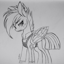 Size: 2048x2048 | Tagged: safe, artist:yokku11nyan, rainbow dash, g4, the cutie re-mark, alternate timeline, apocalypse dash, crystal war timeline, female, high res, monochrome, scar, solo, torn ear