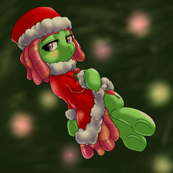 Size: 1000x1000 | Tagged: safe, artist:ushiro no kukan, tree hugger, g4, clothes, female, hat, santa costume, santa hat, solo