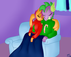 Size: 1280x1018 | Tagged: safe, artist:short circuit, scootaloo, spike, anthro, g4, candy, candy cane, christmas, christmas tree, classroom crusaders, clothes, female, food, hearth's warming eve, male, ship:scootaspike, shipping, straight, sweater