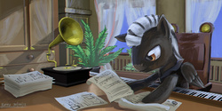 Size: 1280x640 | Tagged: safe, artist:ruffu, oc, oc only, oc:ruhig fortepiano, pony, interior, music, musical instrument, phonograph, piano, solo