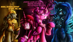 Size: 1250x736 | Tagged: safe, artist:jamescorck, princess cadance, queen chrysalis, oc, oc:movie slate, alicorn, changeling, pony, unicorn, g4, christmas, clothes, crossover, group, ponified, scrooged, taxi driver, the ghost of christmas past, the ghost of christmas present, the ghost of christmas yet to come