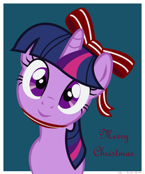 Size: 2500x3000 | Tagged: safe, artist:caely, twilight sparkle, g4, bow, christmas, female, hair bow, high res, looking at you, present, solo, staring into your soul
