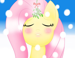Size: 6600x5100 | Tagged: safe, artist:pikachumask, fluttershy, pony, g4, absurd resolution, blushing, bust, christmas, eyes closed, female, front view, full face view, hearth's warming eve, kissy face, mare, mistletoe, snow, snowflake, solo