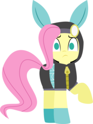 Size: 593x788 | Tagged: safe, artist:thepiday, fluttershy, pegasus, pony, g4, bunny ears, clothes, costume, dangerous mission outfit, female, goggles, hoodie, looking at you, mare, minimalist, raised hoof, simple background, solo, transparent background