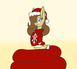Size: 1378x1237 | Tagged: safe, artist:metalaura, oc, oc only, oc:hissyfit, lamia, monster girl, monster pony, original species, snake, christmas, clothes, cute, female, hat, hearth's warming, santa hat, solo, sweater, tongue out