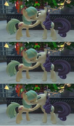 Size: 1360x2304 | Tagged: safe, artist:mk513, coco pommel, rarity, earth pony, pony, unicorn, g4, 3d, christmas, comic, female, gmod, hearth's warming eve, holly, holly mistaken for mistletoe, kissing, lesbian, mare, ship:marshmallow coco, shipping, snow