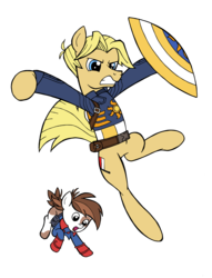 Size: 2268x2968 | Tagged: safe, artist:edcom02, artist:jmkplover, pipsqueak, pony, g4, bucky barnes, captain america, captain equestria, crossover, duo, high res, marvel, ponified, shield, simple background, steve rogers, transparent background