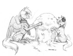 Size: 1000x772 | Tagged: safe, artist:baron engel, derpy hooves, dinky hooves, pegasus, pony, unicorn, g4, clothes, cute, daaaaaaaaaaaw, ear warmers, earmuffs, equestria's best mother, female, filly, food, mare, monochrome, muffin, pencil drawing, scarf, sketch, snow, snowman, snowmuffin, snowpony, traditional art