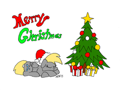 Size: 3261x2505 | Tagged: safe, artist:dragonboi471, derpy hooves, pegasus, pony, g4, christmas, christmas tree, female, hat, high res, mare, santa hat, simple background, sleeping, tree