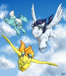 Size: 1280x1472 | Tagged: safe, artist:alexispaint, fleetfoot, soarin', spitfire, pegasus, pony, g4, female, flying, goggles, looking at you, male, mare, sky, stallion, wonderbolts