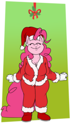 Size: 958x1662 | Tagged: safe, artist:silverscarf, pinkie pie, earth pony, anthro, g4, boots, cleavage, clothes, female, gloves, hat, holly, holly mistaken for mistletoe, kissy face, santa costume, santa hat, solo