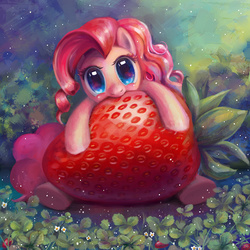 Size: 750x750 | Tagged: safe, artist:son-trava, pinkie pie, earth pony, pony, g4, cute, diapinkes, female, food, giant produce, high fructose, looking at you, mare, micro, nom, solo, strawberry, weapons-grade cute