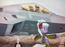 Size: 1280x921 | Tagged: safe, artist:jet-ann, cloudchaser, pegasus, pony, g4, bipedal, f-22 raptor, jet fighter, lockheed corporation, military, military uniform, plane, traditional art