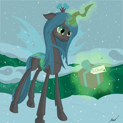 Size: 2000x2000 | Tagged: dead source, safe, artist:soveno, queen chrysalis, changeling, changeling queen, g4, female, high res, magic, present, snow, snowfall, solo, winter