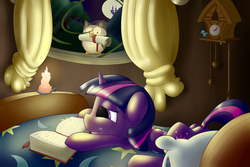 Size: 1024x683 | Tagged: safe, artist:solipsus, owlowiscious, trixie, twilight sparkle, alicorn, pony, g4, bed, book, candle, female, mare, scroll, twilight sparkle (alicorn)