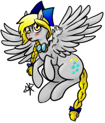 Size: 412x482 | Tagged: safe, artist:boshedagh, derpy hooves, pegasus, pony, g4, alternate hairstyle, ask-assistant-angel-eyes, female, goggles, mare, simple background, solo, tail bow