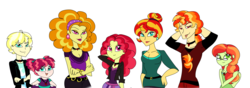 Size: 3768x1324 | Tagged: safe, artist:purfectprincessgirl, adagio dazzle, sunset shimmer, oc, oc:angel flare, oc:ballad glimmer, oc:phoenix burst, oc:viola hue, equestria girls, g4, female, humanized, lesbian, magical lesbian spawn, offspring, older, parent:adagio dazzle, parent:sunset shimmer, parents:sunsagio, ship:sunsagio, shipping, story in the source, story included