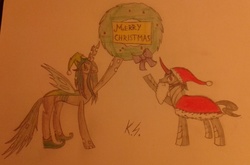 Size: 1024x674 | Tagged: safe, artist:kishinshruikan, king sombra, queen chrysalis, g4, christmas, female, male, ship:chrysombra, shipping, straight, traditional art